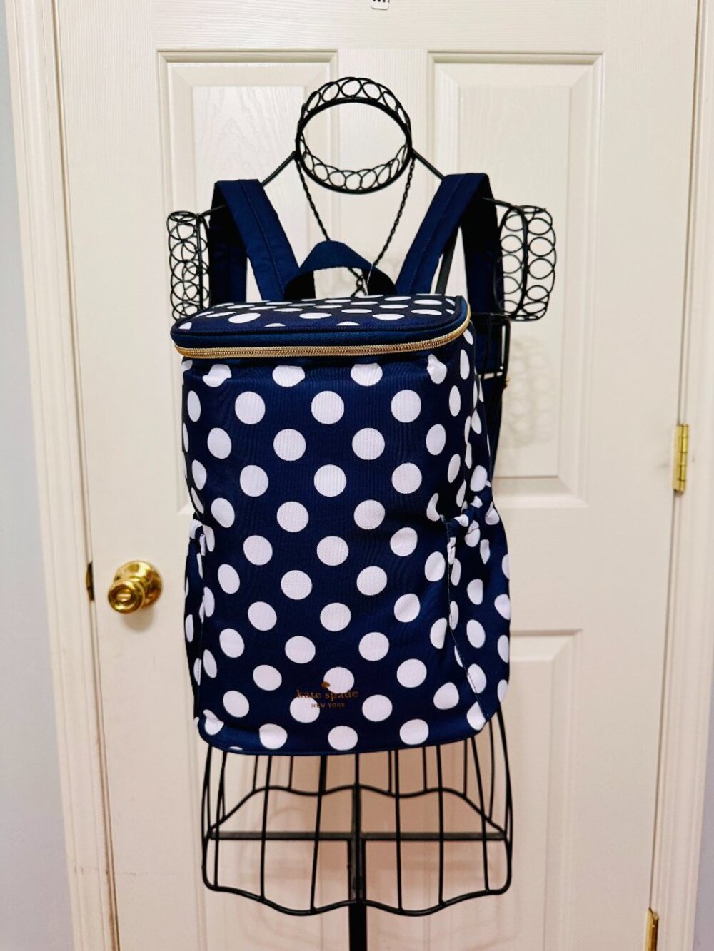 KATE SPADE NEW YORK NAVY AND WHITE POLKA DOTS INSULATED BACKPACK COOLER BAG
